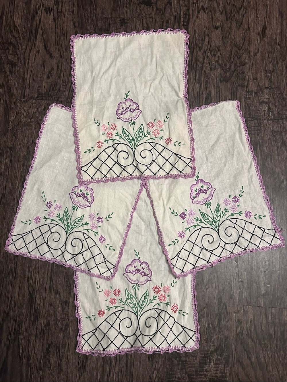 Hand-Embroidered Floral Motif with Lattice Design Dresser Scarves Crochet Border
